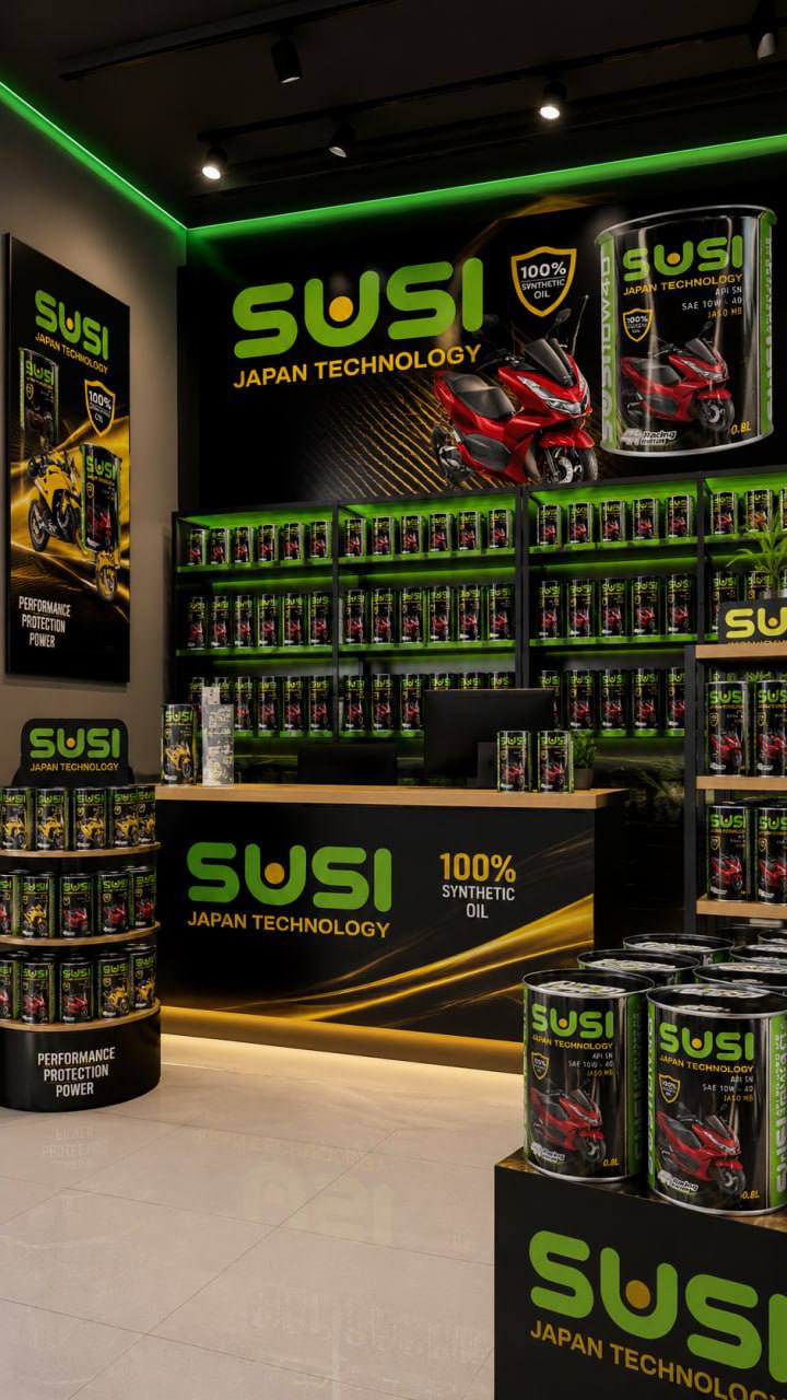 SUSI motorcycle oil display inside the store